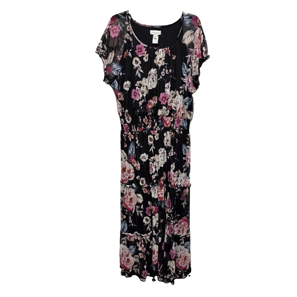 Kate And Lily Black Floral Maxi Dress Lined New 3X Tiered Elastic Waist Sheer